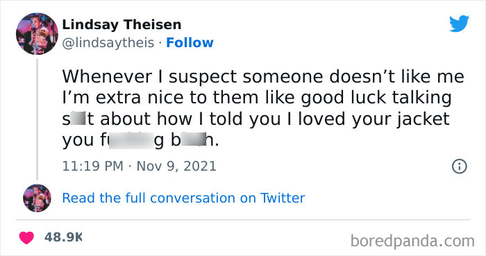 Tweet screenshot with a humorous comment about being overly nice to people suspected of disliking you.