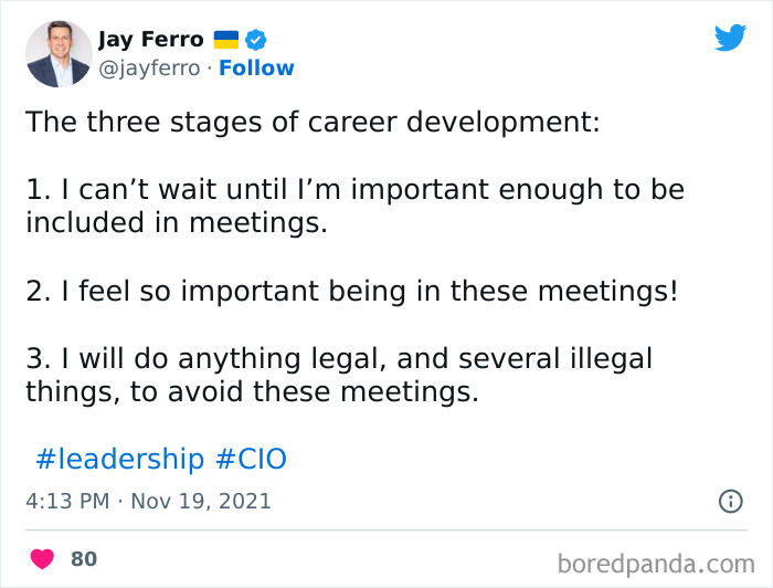 Funny "I hate my job" meme about three stages of career development and meetings.