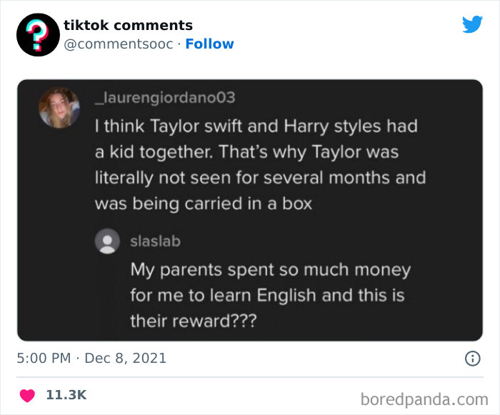 Screenshot of funny TikTok comments discussing Taylor Swift and Harry Styles with unhinged replies on social media.