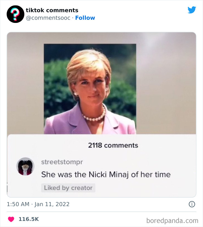 Image of a TikTok comment comparing a historical figure to Nicki Minaj in a thread of funny TikTok comments.