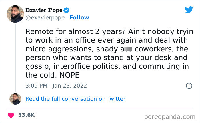 Tweet humorously expressing frustration with office work and preference for remote jobs.