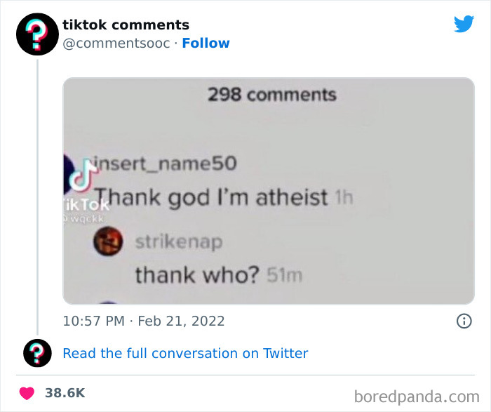 Screenshot of a funny and weird TikTok comment exchange featuring unhinged TikTok comments on a Twitter page.