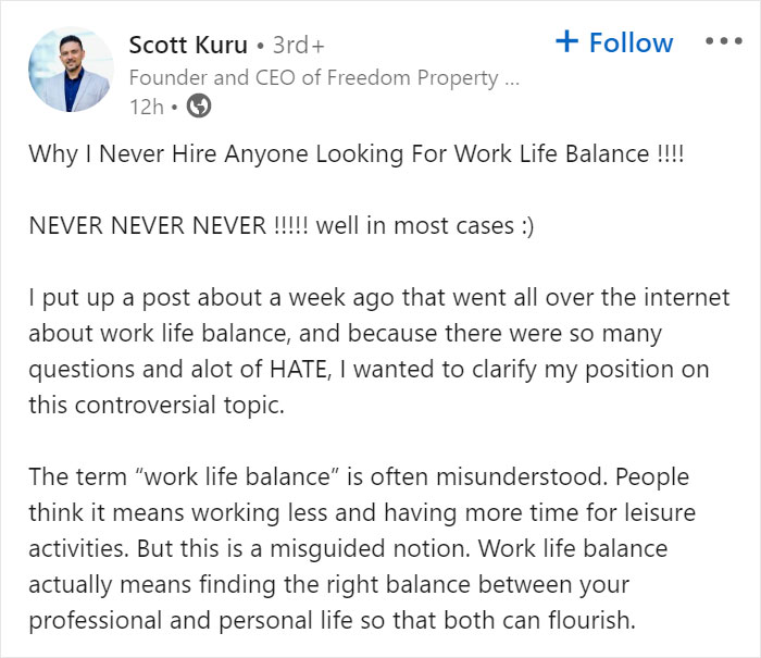 CEO Makes A LinkedIn Post Saying "Never Hire Anyone That's Looking For Work Life Balance," And It Backfires