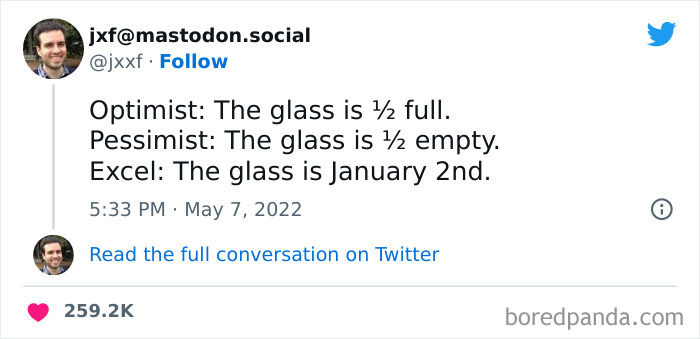 Meme about Excel humorously misinterpreting the phrase "The glass is ½ full."