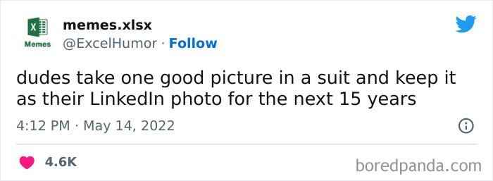 Tweet from Excel humor account about men using a single suit photo on LinkedIn for years, related to Microsoft Excel memes.