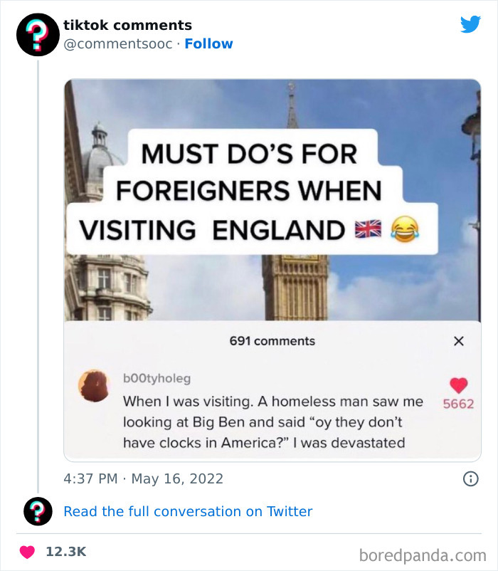 Screenshot of a funny TikTok comment about foreigners visiting England with Big Ben, highlighting weird TikTok comments.