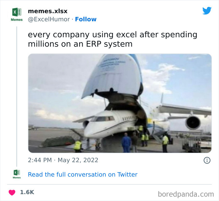 Microsoft Excel meme with a small plane inside a cargo plane, mocking ERP system investment.