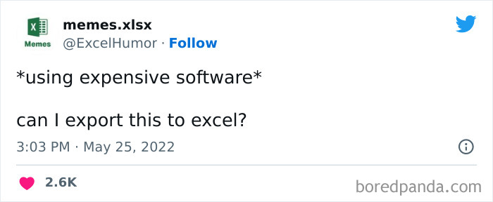 Meme about using expensive software with a humorous request to export data to Microsoft Excel.