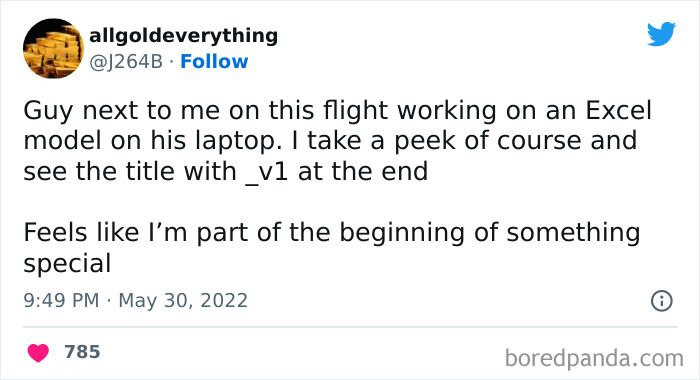Tweet humorously describing Microsoft Excel model on a laptop during a flight.