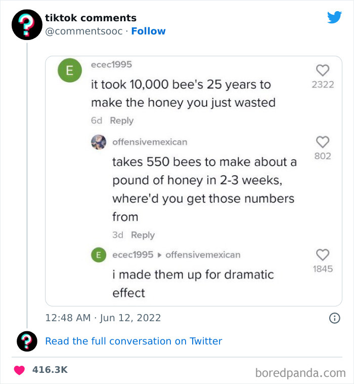 Screenshot of a funny TikTok comment thread about bees and honey on a Twitter page featuring weird TikTok comments.