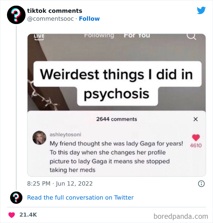 Screenshot of a TikTok comment about weird and funny TikTok comments shared on a Twitter page.