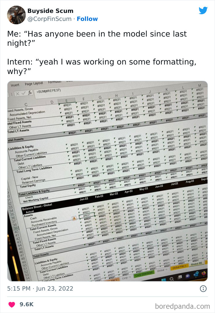 Excel meme showing a spreadsheet filled with #REF! errors, highlighting a formatting mishap.
