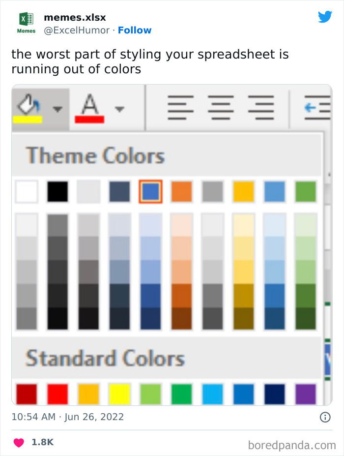 Excel meme about running out of color options in spreadsheet styling, showing theme and standard colors.
