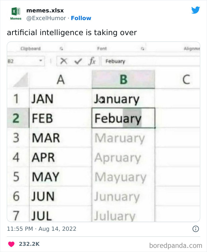 Funny Excel meme with misspelled monthly names, highlighting humor in common spreadsheet mistakes.