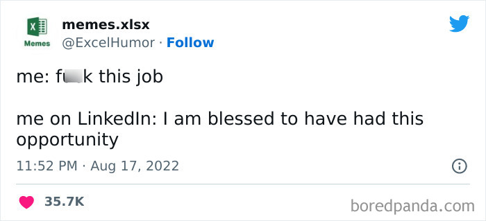Funny Microsoft Excel meme about contrasting feelings at work shared on social media.