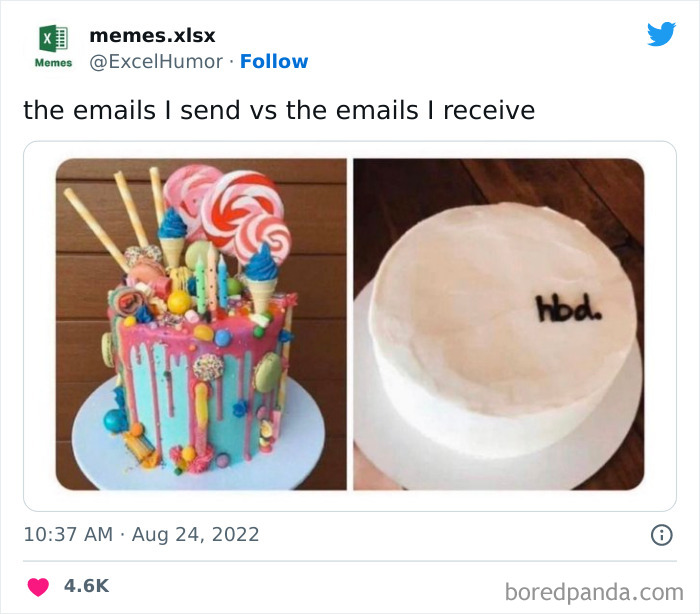 Colorful cake vs plain cake; humorous comparison of expectations vs reality. Microsoft Excel meme context.