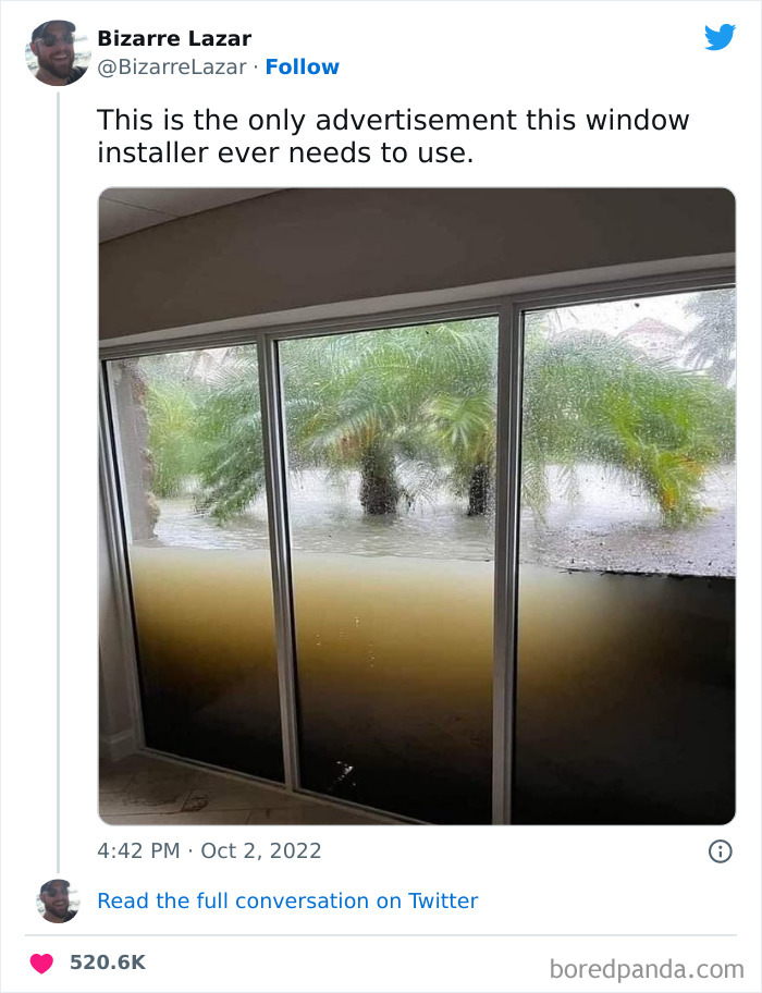 Florida floodwaters pressing against a window, showcasing its durability, humorously highlighted by "Florida Man" Instagram post.