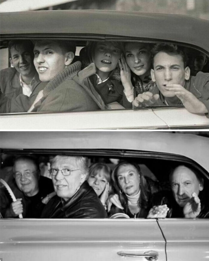Beatles Fans In 1964 And 2013. Ringo Starr Took The Top Photo From Car Window, After The High School Friends Skipped School To See The Beatles During Their First Trip To The Us In 1964