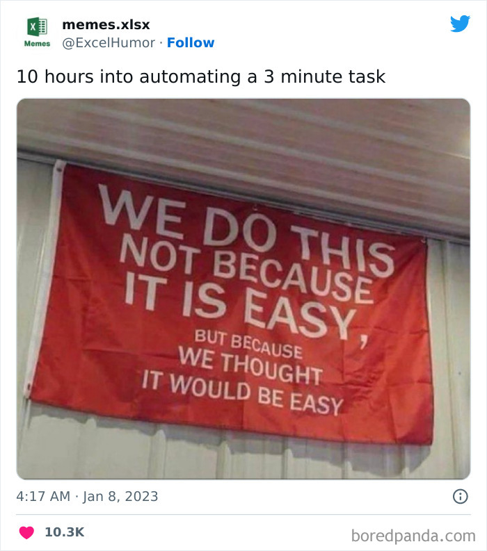Red banner with text about a task, humorously reflecting on using Microsoft Excel.