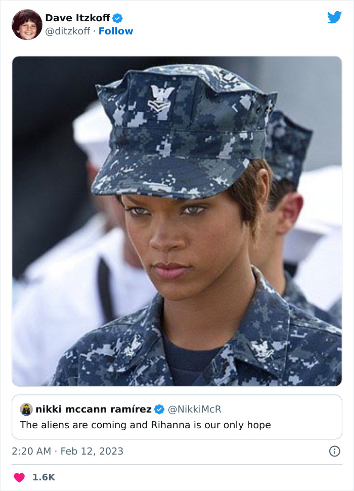 Rihanna in a military outfit, generating memes and reactions from Super Bowl 2023.
