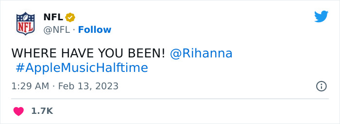 NFL tweet about Rihanna's Super Bowl 2023 halftime performance with hashtags.
