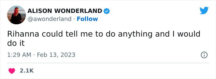 Tweet reaction to Rihanna’s Super Bowl 2023 performance, expressing admiration and willingness to follow her lead.