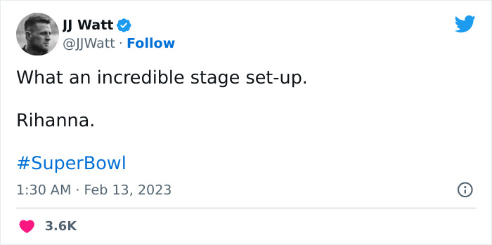 Tweet praising Rihanna's Super Bowl 2023 performance with hashtag #SuperBowl.
