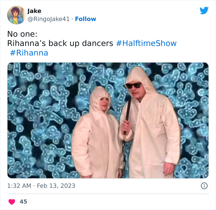 Two people in white suits and sunglasses, humorously resembling Rihanna's Super Bowl 2023 backup dancers.