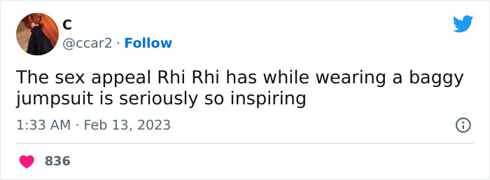 Tweet reacting to Rihanna's Super Bowl 2023 performance, praising her appeal in a baggy jumpsuit.