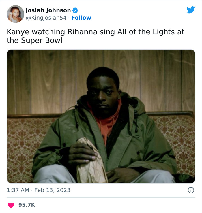 Meme reaction to Rihanna’s Super Bowl 2023 performance, showing a person sitting with a blank expression.