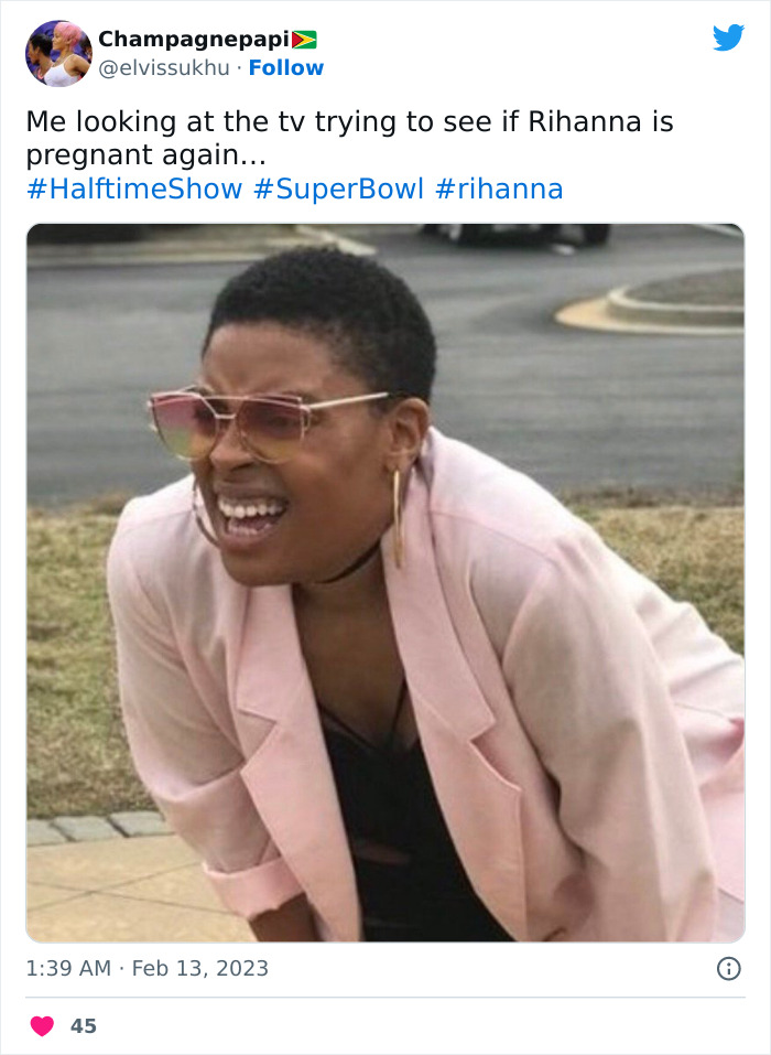 Person squinting humorously, reacting to Rihanna's Super Bowl 2023 performance.