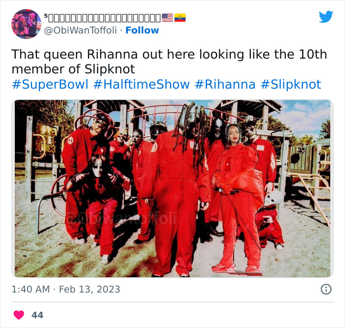 Rihanna in red outfit, humorously compared to a Slipknot member after Super Bowl 2023 performance.