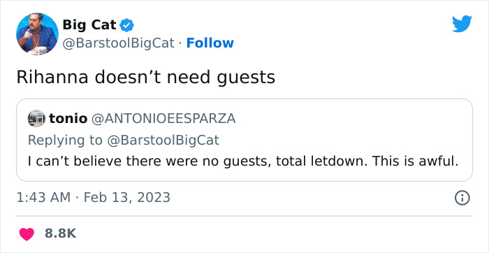 Tweet reacting to Rihanna's Super Bowl 2023 performance, highlighting absence of guest appearances.