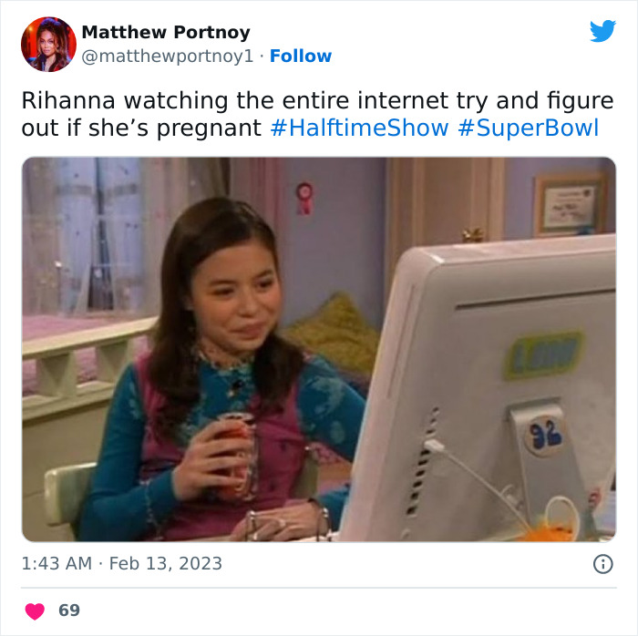 Person looking at a computer screen with a drink, reacting to Rihanna's Super Bowl 2023 performance memes.