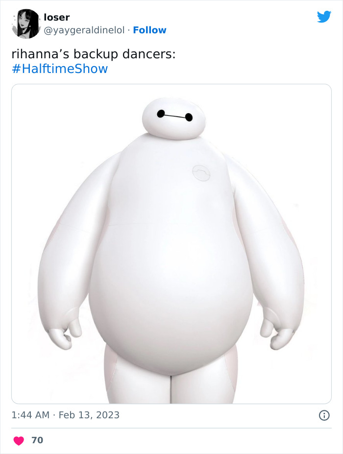 Cartoon character compared to Rihanna's Super Bowl 2023 performance dancers in a meme.