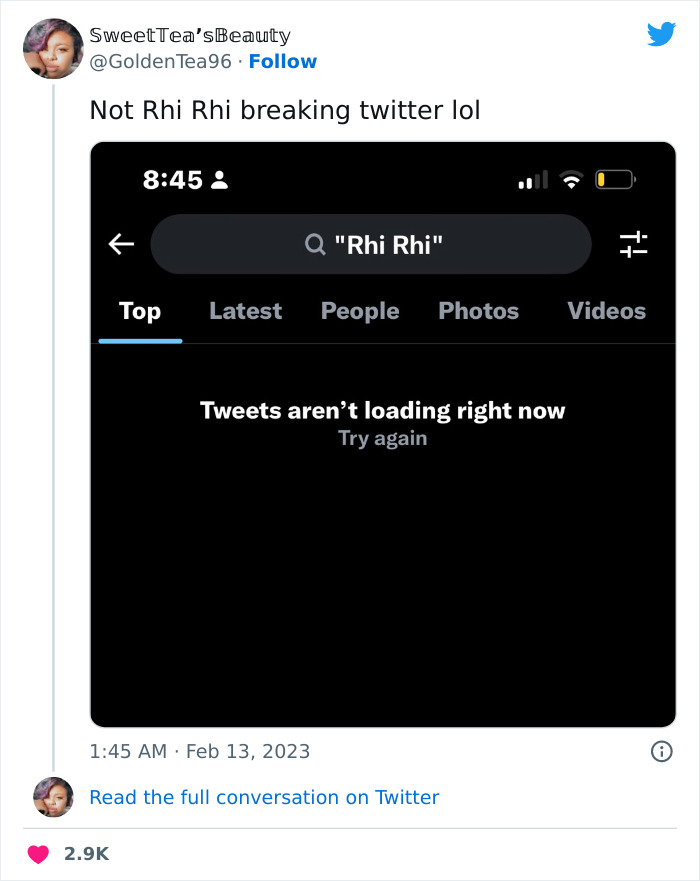 Screenshot showing Twitter search "Rhi Rhi" with message "Tweets aren’t loading", referencing Rihanna's Super Bowl 2023 performance.