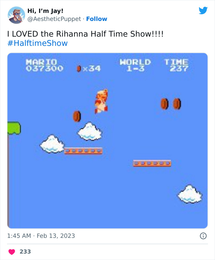 Screenshot of a tweet showing a Mario game scene with text praising Rihanna's Super Bowl 2023 performance.