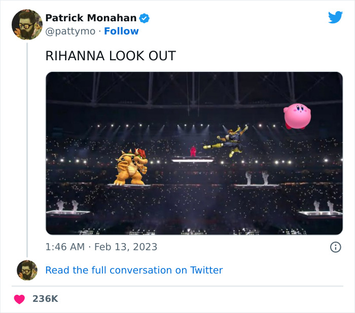 Meme of Rihanna's Super Bowl 2023 performance with video game characters overlay.