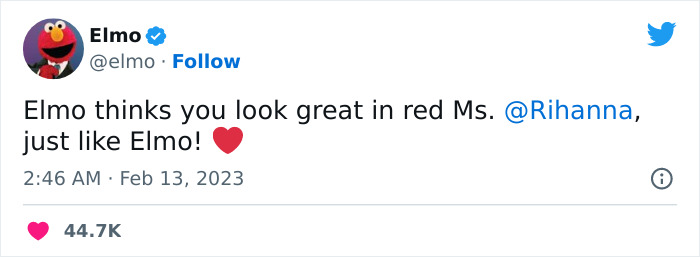 Tweet from Elmo complimenting Rihanna's red outfit, referencing her Super Bowl 2023 performance.