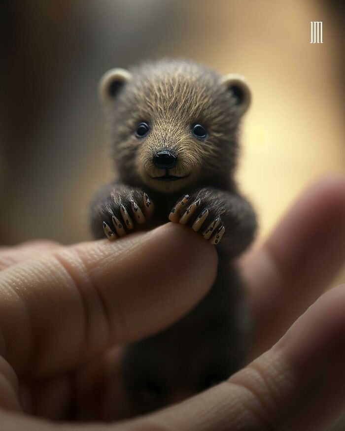 Tiny AI-generated baby bear cupped in a person's hand.