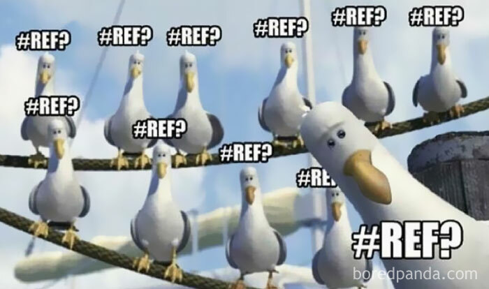 Seagulls with "#REF?" text above their heads, referencing a common Microsoft Excel error.
