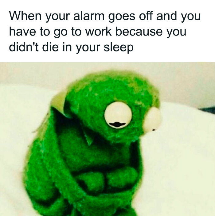 Funny "I Hate My Job" meme featuring a sad green puppet with text about waking up to go to work.