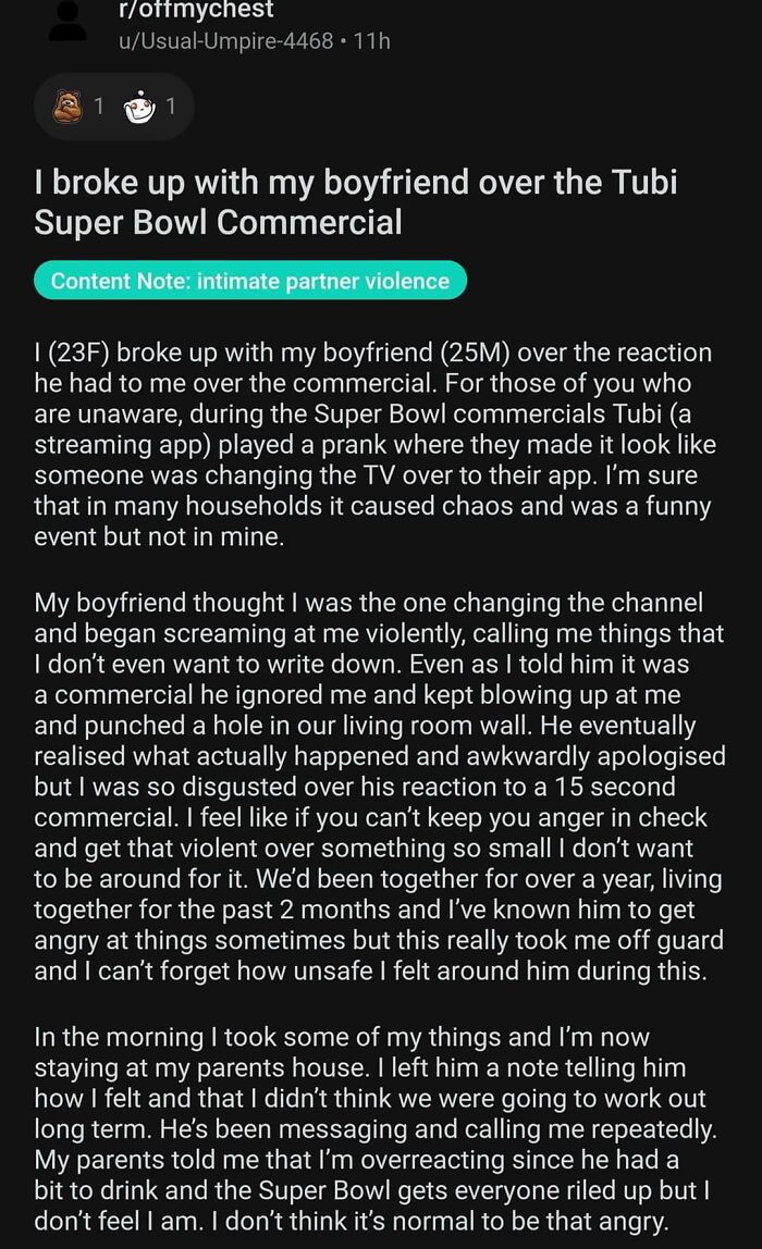 Woman Leaves Her Boyfriend For Reacting Violently To A Super Bowl Commercial, Sparks An Important Conversation About Domestic Violence Woman Leaves Her Boyfriend For Reacting Violently To A Super Bowl Commercial, Sparks An Important Conversation About Domestic Violence