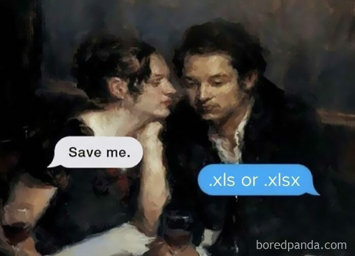 A historical painting with speech bubbles joking about Microsoft Excel file formats, .xls or .xlsx.
