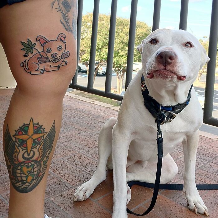 Tattoo artist's unique animal representation on a leg, with a white dog sitting beside.