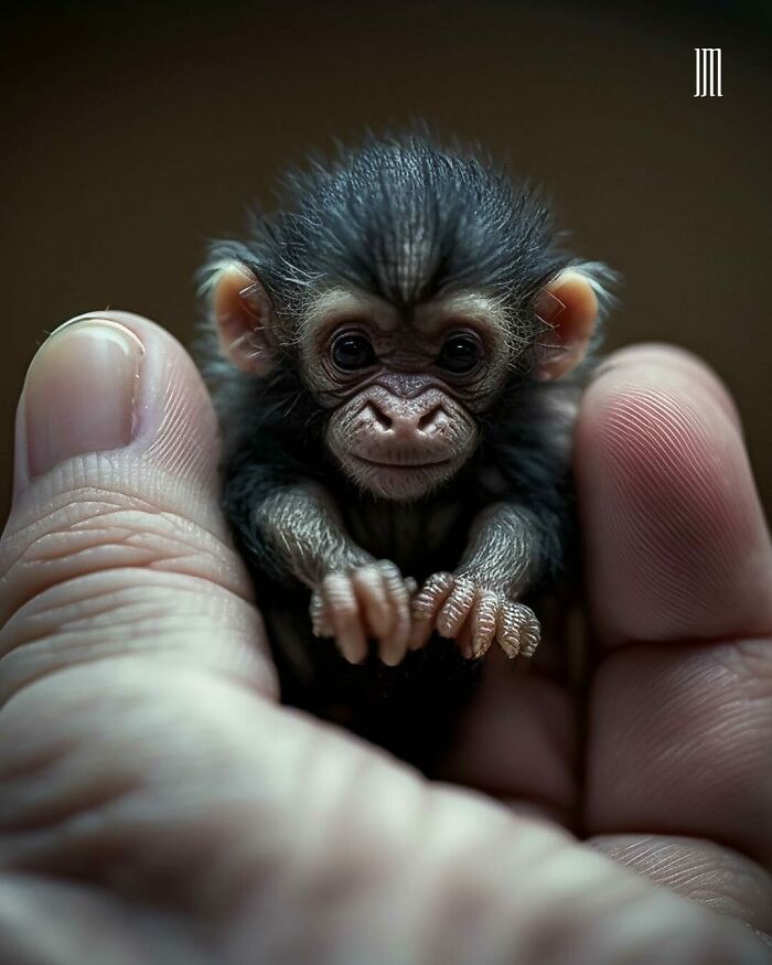 AI-generated micro baby animal, a tiny monkey cradled in human hand, showcasing delicate features and soft fur.