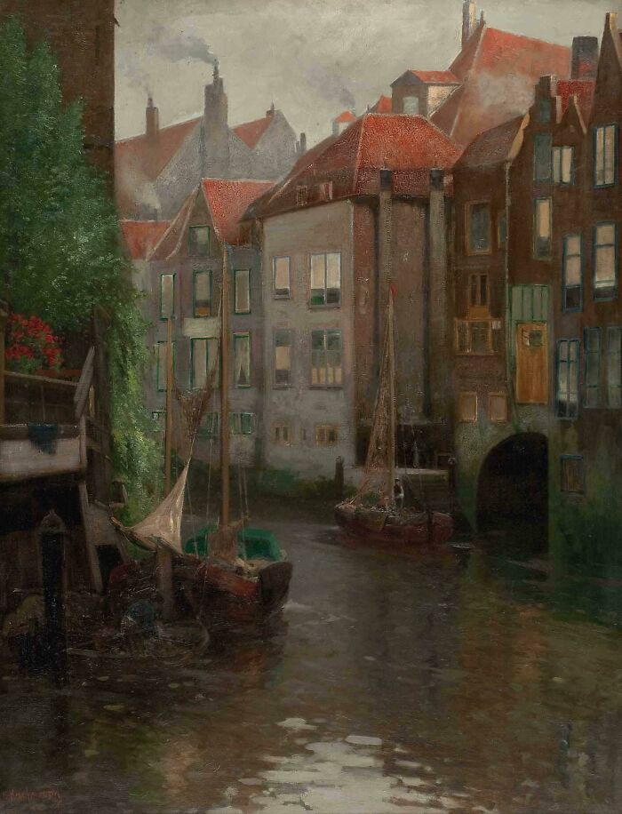 Boats In A Gracht by Adolf Kaufmann, oil on canvas, 1916