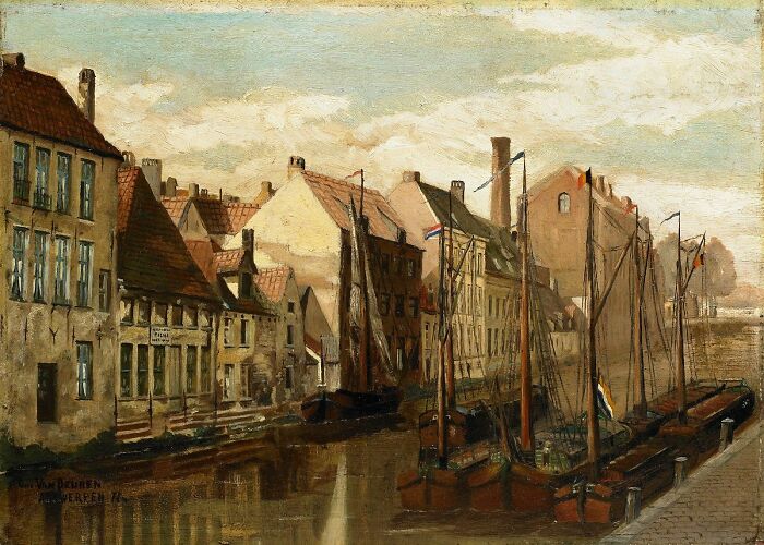 View of Antwerp by "Van Deuren", oil on wood, 1877
