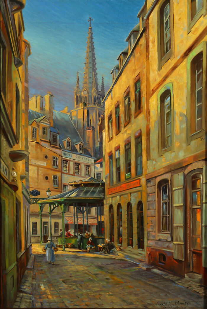 Street view with a view of the tower of Saint-Vincent's Cathedral by Arnold Lakhovsky, oil on canvas, 66 x 45 cm., signed and dated Saint-Malo