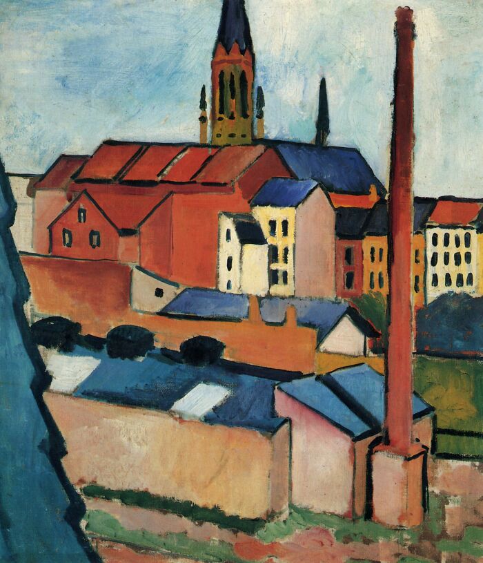 St. Mary's with Houses and Chimney (Bonn) by August Macke, oil on canvas, 1911